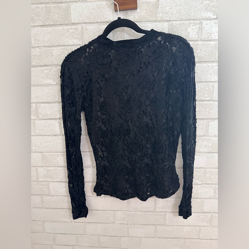 Black Sheer Rose Velvet Burnout Long Sleeve Gothcore Top Size s/m #1861 - Picture 4 of 7